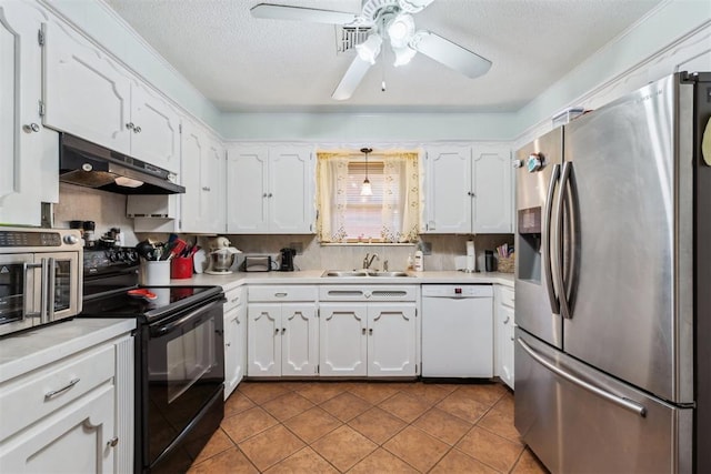 4912 NW 29th St, Oklahoma City, OK 73127 - kitchen with stainless steel refrigerator with ice dispenser, white dishwasher, black range with electric cooktop, under cabinet range hood, and ceiling fan