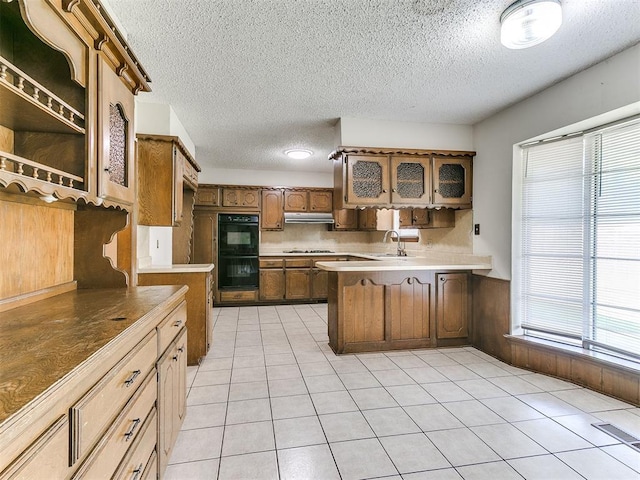 5201 SE 53rd St, Oklahoma City, OK 73135 - kitchen with a textured ceiling, a peninsula, under cabinet range hood, glass insert cabinets, and a sink