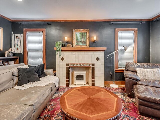 1616 NW 41st St, Oklahoma City, OK 73118 - living area with ornamental molding and a tile fireplace