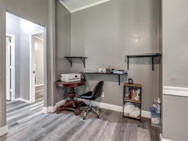 3 Antler Blvd, Mcloud, OK 74851 - office area featuring wood finished floors, ornamental molding, and baseboards