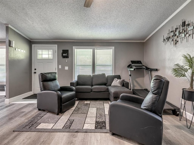 3 Antler Blvd, Mcloud, OK 74851 - living room featuring wood finished floors, a textured ceiling, crown molding, and baseboards
