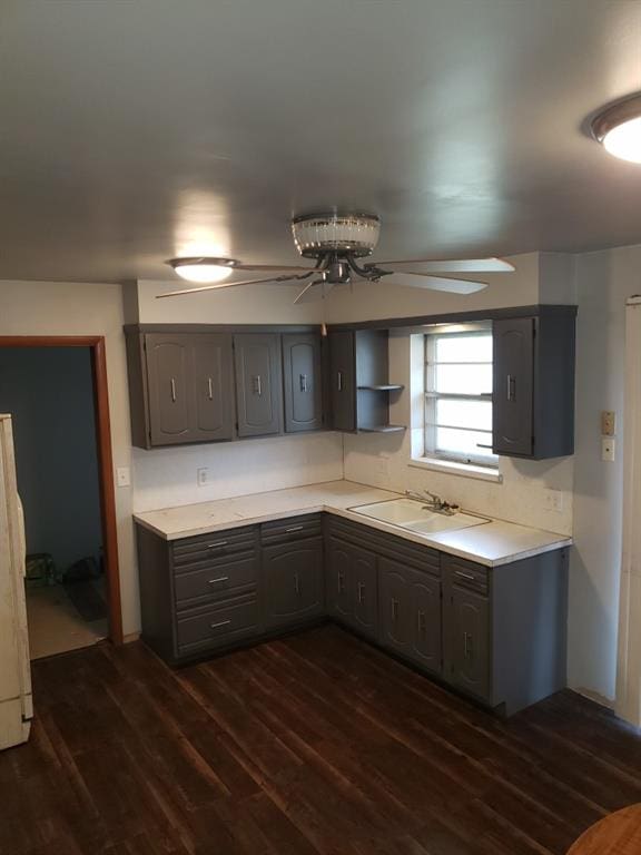 214 N Pecan St, Crescent, OK 73028 - kitchen with gray cabinets, dark wood-style floors, ceiling fan, and light countertops