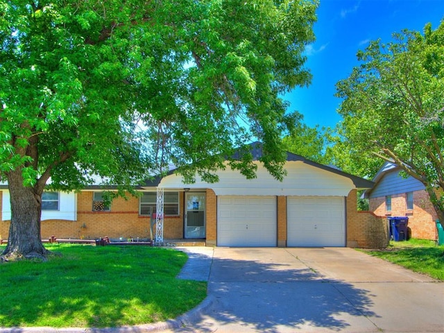 7017 S Miller Ave, Oklahoma City, OK 73159 - ranch-style home featuring a garage, driveway, brick siding, and a front lawn