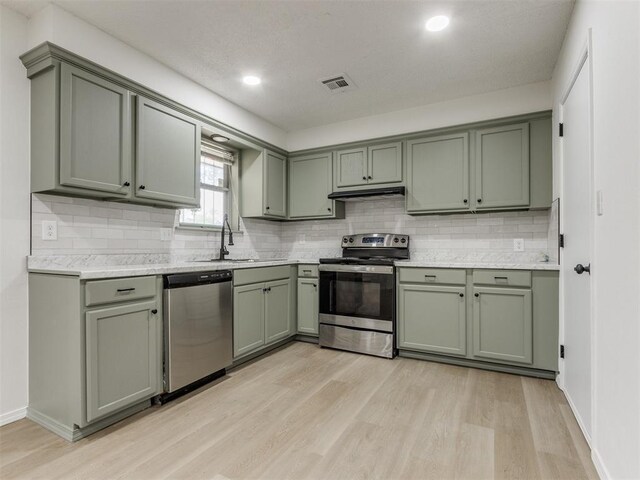 7017 S Miller Ave, Oklahoma City, OK 73159 - kitchen with stainless steel appliances, green cabinets, light wood-type flooring, under cabinet range hood, and recessed lighting