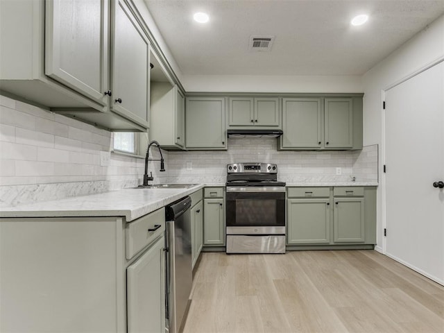 7017 S Miller Ave, Oklahoma City, OK 73159 - kitchen featuring appliances with stainless steel finishes, green cabinetry, light countertops, backsplash, and light wood-style flooring