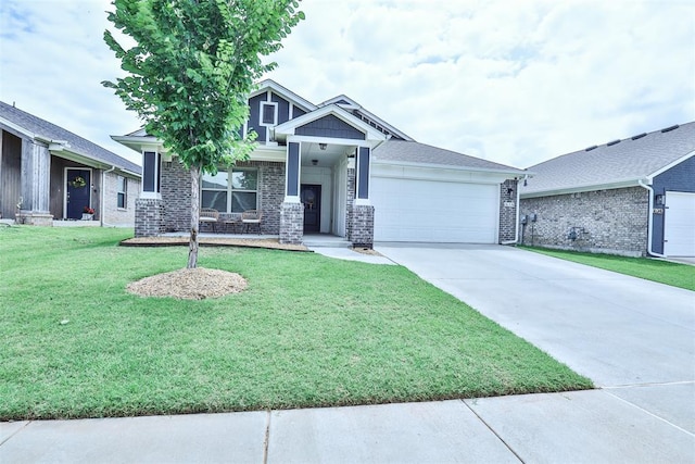 16336 Coldfire Rd, Oklahoma City, OK 73170 - view of front facade featuring a garage, driveway, a front lawn, brick siding, and a porch