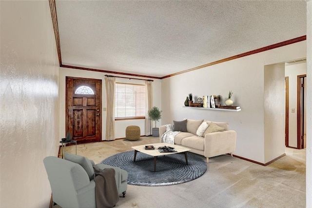 302 Tanglewood Dr, Yukon, OK 73099 - living room featuring ornamental molding, a textured ceiling, and carpet