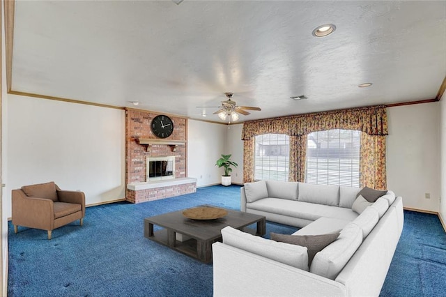 302 Tanglewood Dr, Yukon, OK 73099 - living room featuring carpet flooring, ceiling fan, ornamental molding, a brick fireplace, and recessed lighting