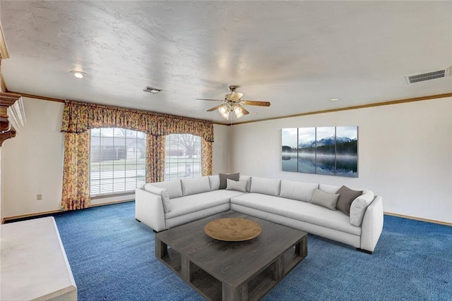 302 Tanglewood Dr, Yukon, OK 73099 - living area with carpet floors, a ceiling fan, and ornamental molding