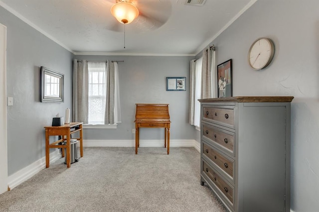 707 NE 18th St, Oklahoma City, OK 73105 - sitting room featuring crown molding, light colored carpet, and ceiling fan