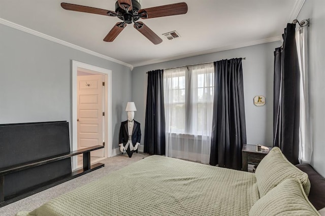 707 NE 18th St, Oklahoma City, OK 73105 - carpeted bedroom featuring crown molding and a ceiling fan
