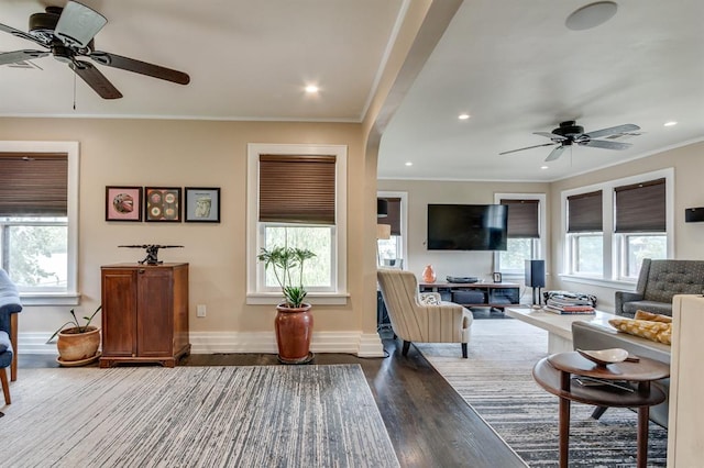 707 NE 18th St, Oklahoma City, OK 73105 - living room featuring a ceiling fan, wood finished floors, ornamental molding, and recessed lighting