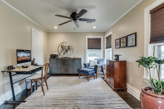 707 NE 18th St, Oklahoma City, OK 73105 - home office featuring ceiling fan, crown molding, dark wood finished floors, and recessed lighting