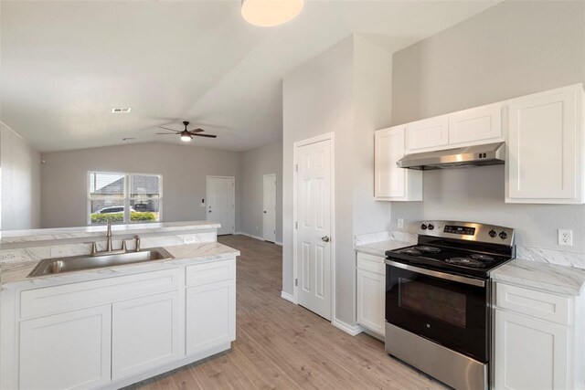 1908 E View Dr, Norman, OK 73071 - kitchen with stainless steel range with electric cooktop, ventilation hood, vaulted ceiling, ceiling fan, and white cabinetry