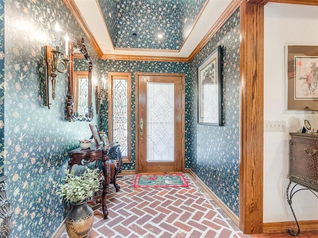 9 Country Club Rd, Shawnee, OK 74801 - entryway with brick floors, crown molding, wallpapered walls, and baseboards