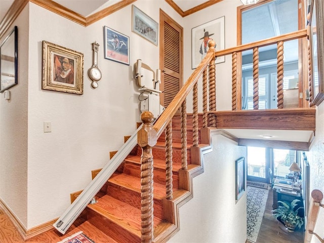 9 Country Club Rd, Shawnee, OK 74801 - stairs featuring ornamental molding, wood finished floors, and a high ceiling