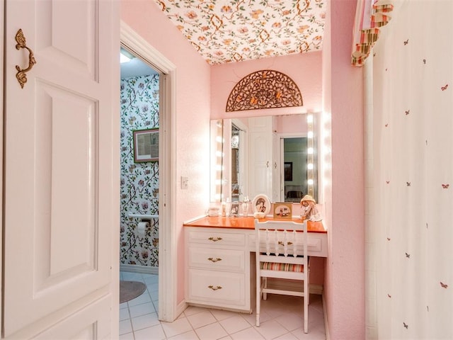 9 Country Club Rd, Shawnee, OK 74801 - bathroom with vanity, tile patterned floors, and wallpapered walls
