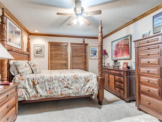 9 Country Club Rd, Shawnee, OK 74801 - bedroom with crown molding, light carpet, a textured ceiling, and ceiling fan