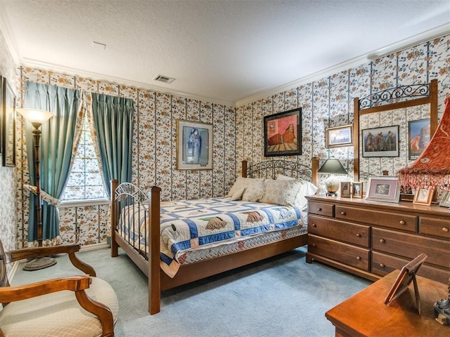 9 Country Club Rd, Shawnee, OK 74801 - bedroom with wallpapered walls, carpet flooring, ornamental molding, and a textured ceiling