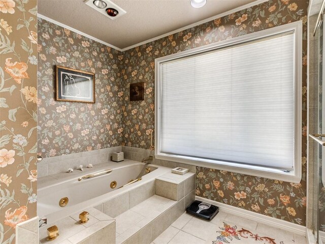 9 Country Club Rd, Shawnee, OK 74801 - bathroom featuring a jetted tub, tile patterned floors, baseboards, crown molding, and a textured ceiling