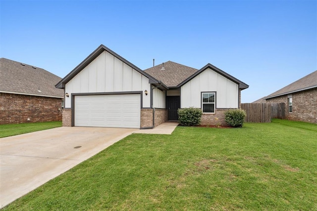 14308 Peach Tree Dr, Yukon, OK 73099 - ranch-style home featuring board and batten siding, a garage, driveway, and brick siding