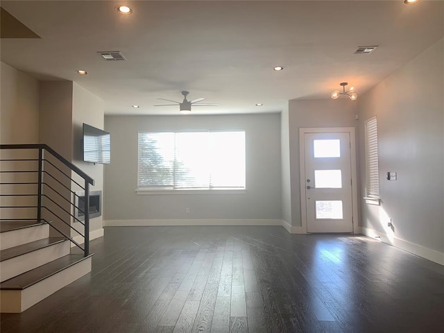 1305 NE 6th St, Oklahoma City, OK 73117 - unfurnished living room featuring dark wood finished floors, ceiling fan, stairs, and recessed lighting