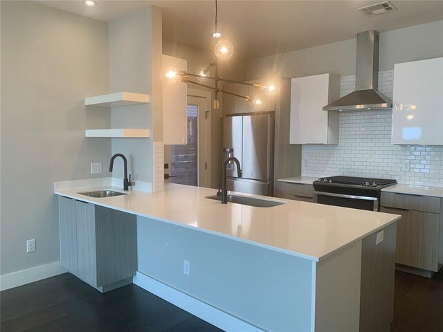 1305 NE 6th St, Oklahoma City, OK 73117 - kitchen featuring wall chimney exhaust hood, freestanding refrigerator, open shelves, range, and modern cabinets