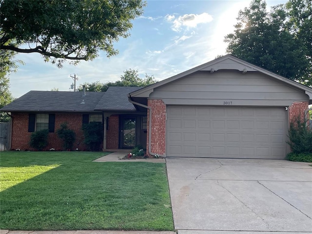 3017 Kelsey Dr, Edmond, OK 73013 - ranch-style house featuring concrete driveway, brick siding, a garage, a front lawn, and a shingled roof