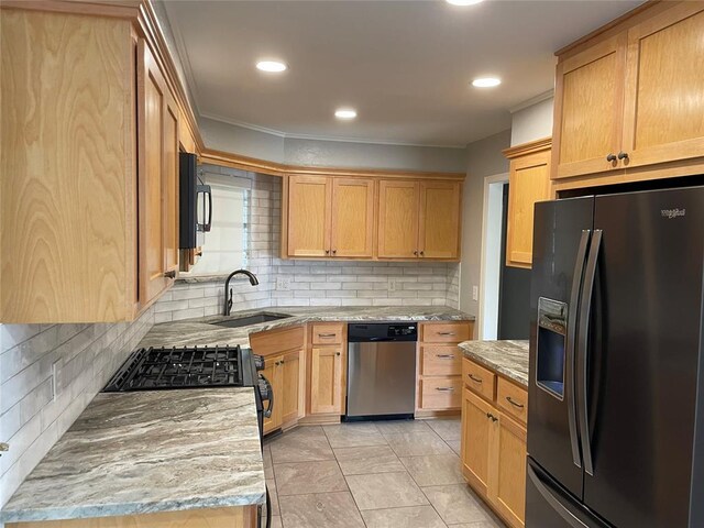 3017 Kelsey Dr, Edmond, OK 73013 - kitchen with fridge with ice dispenser, dishwasher, a sink, decorative backsplash, and recessed lighting