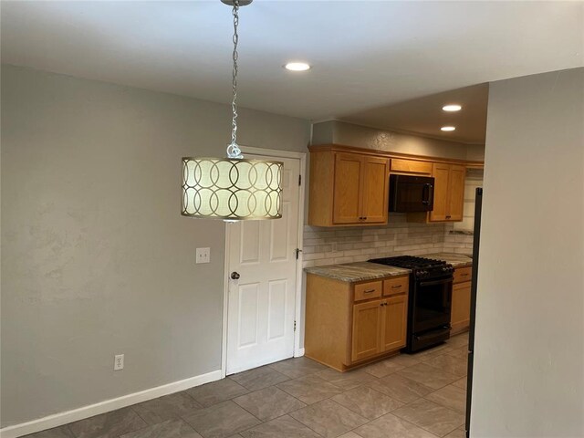 3017 Kelsey Dr, Edmond, OK 73013 - kitchen featuring black appliances, backsplash, recessed lighting, pendant lighting, and brown cabinets