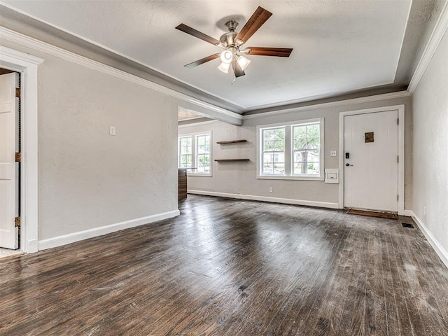 3157 NW 25th St, Oklahoma City, OK 73107 - unfurnished living room with ornamental molding, ceiling fan, wood finished floors, and a textured wall