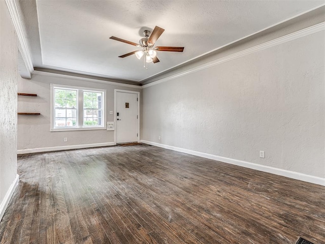 3157 NW 25th St, Oklahoma City, OK 73107 - unfurnished living room with ornamental molding, wood-type flooring, a ceiling fan, and a textured wall