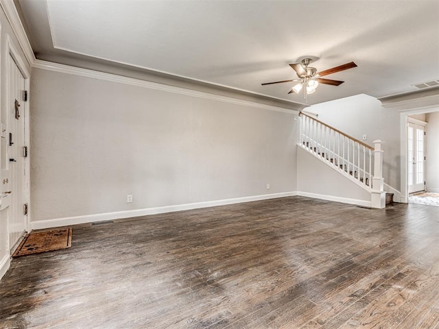 3157 NW 25th St, Oklahoma City, OK 73107 - spare room with stairs, a ceiling fan, wood finished floors, and crown molding