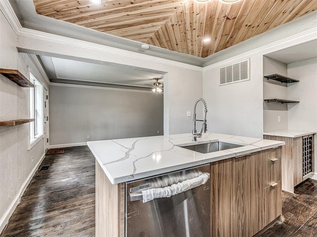 3157 NW 25th St, Oklahoma City, OK 73107 - kitchen featuring dishwasher, open shelves, dark wood-style flooring, brown cabinets, and wooden ceiling