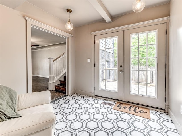 3157 NW 25th St, Oklahoma City, OK 73107 - entryway featuring french doors, stairs, and beamed ceiling