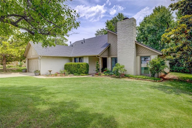 2010 Trailview Ct, Norman, OK 73072 - view of front of house featuring a chimney, a front lawn, a garage, concrete driveway, and roof with shingles