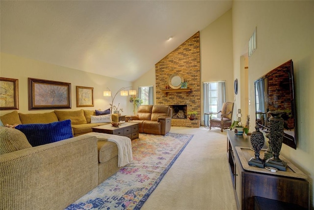 2010 Trailview Ct, Norman, OK 73072 - living area with a brick fireplace, high vaulted ceiling, and light colored carpet
