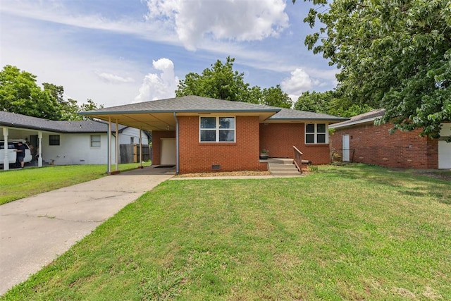3029 NW 65th St, Oklahoma City, OK 73116 - view of front facade with driveway, a front yard, an attached carport, and brick siding