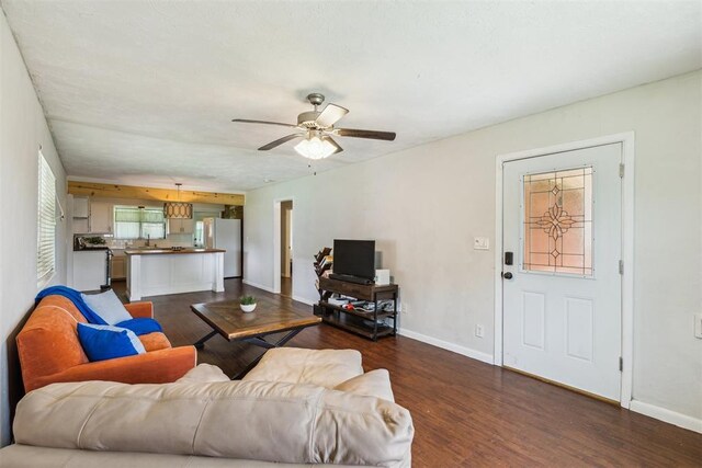 3029 NW 65th St, Oklahoma City, OK 73116 - living room featuring wood finished floors and a ceiling fan