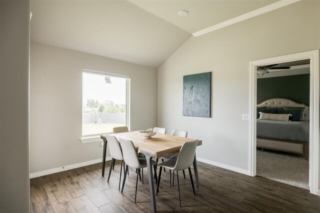 10800 NW 5th St, Yukon, OK 73099 - dining area featuring lofted ceiling, dark wood-type flooring, and ceiling fan