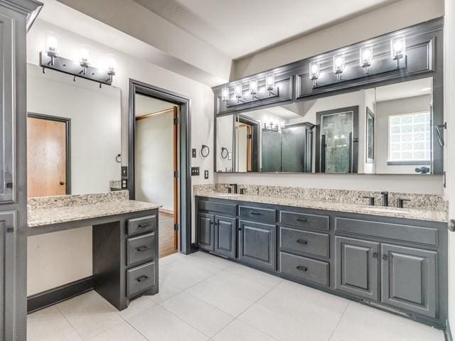3805 Highridge, Edmond, OK 73003 - full bath featuring double vanity, tile patterned floors, and a shower with shower door