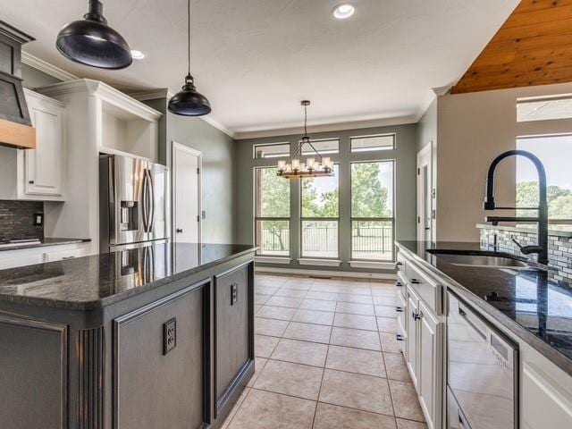 3805 Highridge, Edmond, OK 73003 - kitchen with stainless steel refrigerator with ice dispenser, dishwashing machine, crown molding, white cabinets, and light tile patterned floors