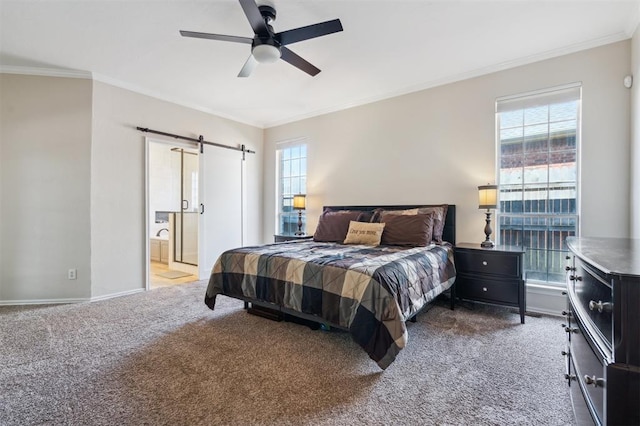 2917 Stafford Rd, Edmond, OK 73012 - bedroom with carpet, a barn door, ornamental molding, connected bathroom, and ceiling fan