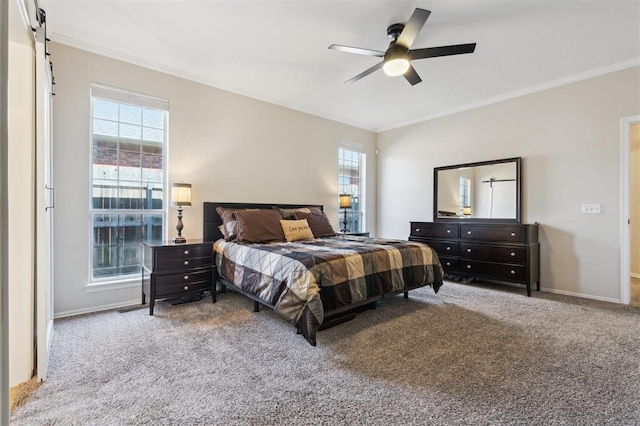 2917 Stafford Rd, Edmond, OK 73012 - carpeted bedroom with multiple windows, crown molding, and ceiling fan