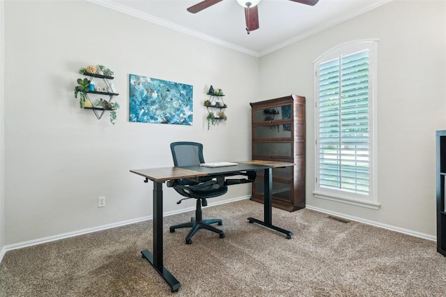 2917 Stafford Rd, Edmond, OK 73012 - office area with carpet floors, a ceiling fan, crown molding, and healthy amount of natural light