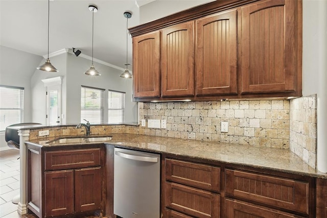 2716 Busheywood Dr, Yukon, OK 73099 - kitchen with dishwasher, a peninsula, light stone counters, backsplash, and crown molding