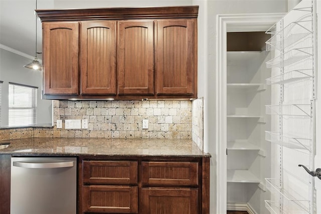 2716 Busheywood Dr, Yukon, OK 73099 - kitchen with dishwasher, crown molding, decorative backsplash, dark stone countertops, and decorative light fixtures