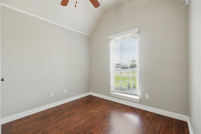 2716 Busheywood Dr, Yukon, OK 73099 - empty room featuring vaulted ceiling, a ceiling fan, and wood-type flooring