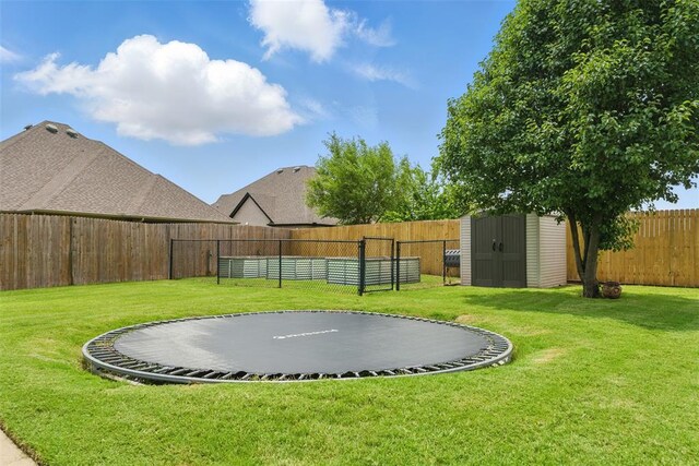 2716 Busheywood Dr, Yukon, OK 73099 - fenced backyard with a trampoline and a shed