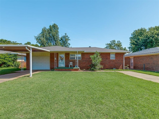 3113 SE 20th St, Oklahoma City, OK 73115 - ranch-style house with a garage, concrete driveway, a front yard, a carport, and brick siding